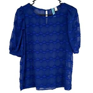Dina Be Cobalt Blue Textured Sheer Short‎ Puff Sleeve Round Neck Blouse Small